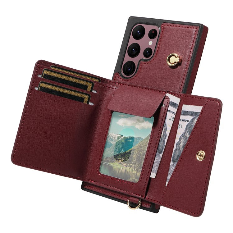 For Samsung Galaxy S22 Ultra 5G Crossbody Phone Case Card Holder Kickstand Leather Coated TPU Mobile Cover - Wine Red