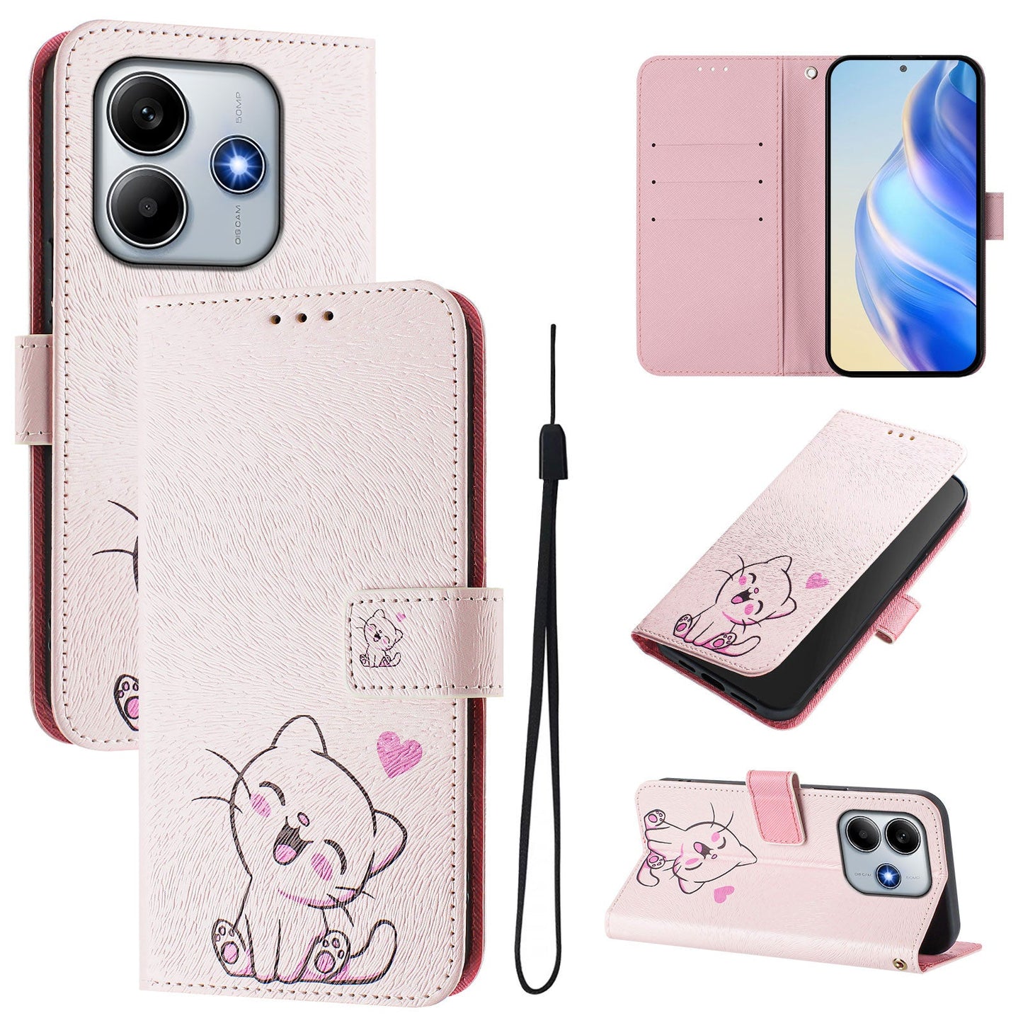 For Xiaomi Redmi Note 14 5G Case Pattern Printing Wallet Phone Cover with Strap - Cute Cat