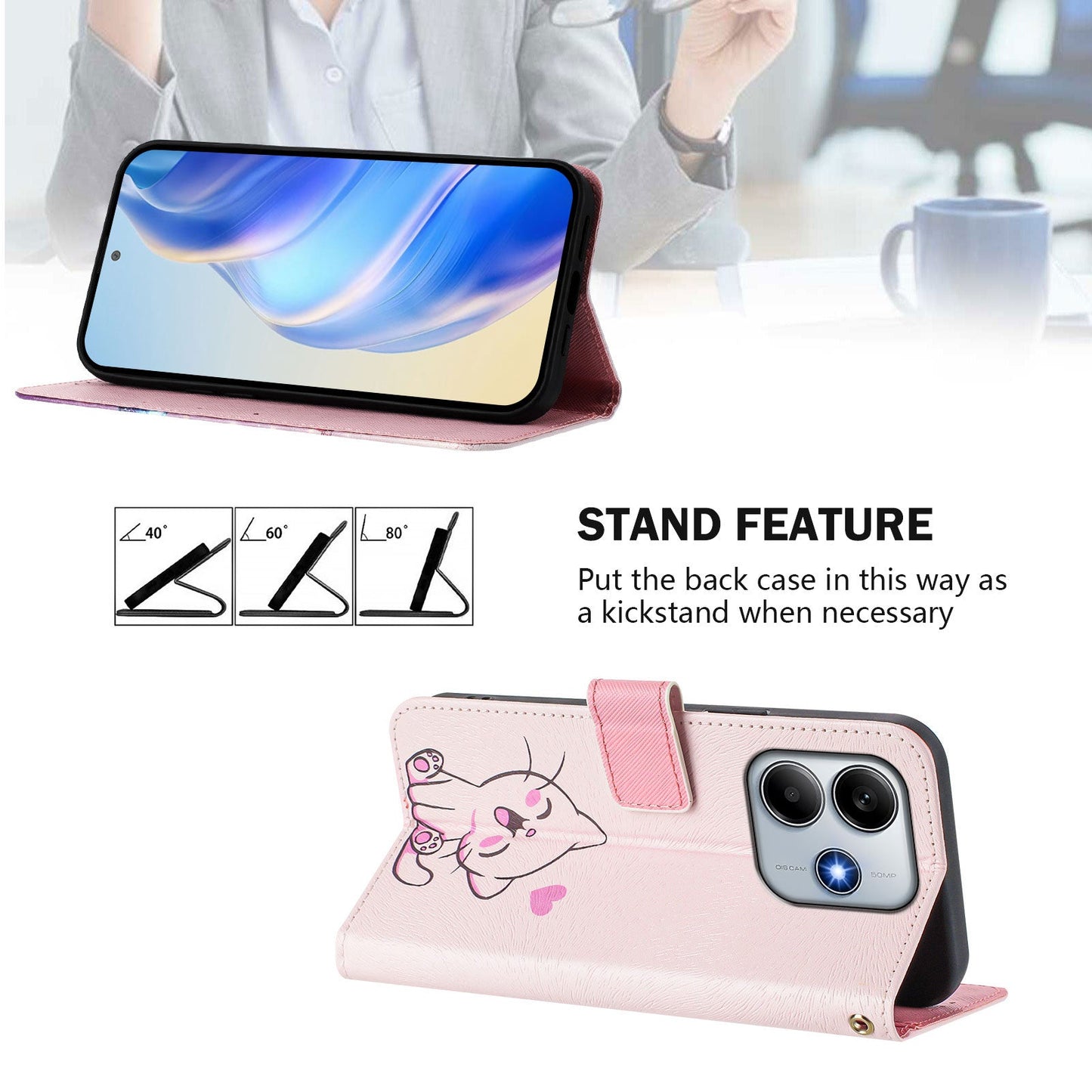 For Xiaomi Redmi Note 14 5G Case Pattern Printing Wallet Phone Cover with Strap - Cute Cat