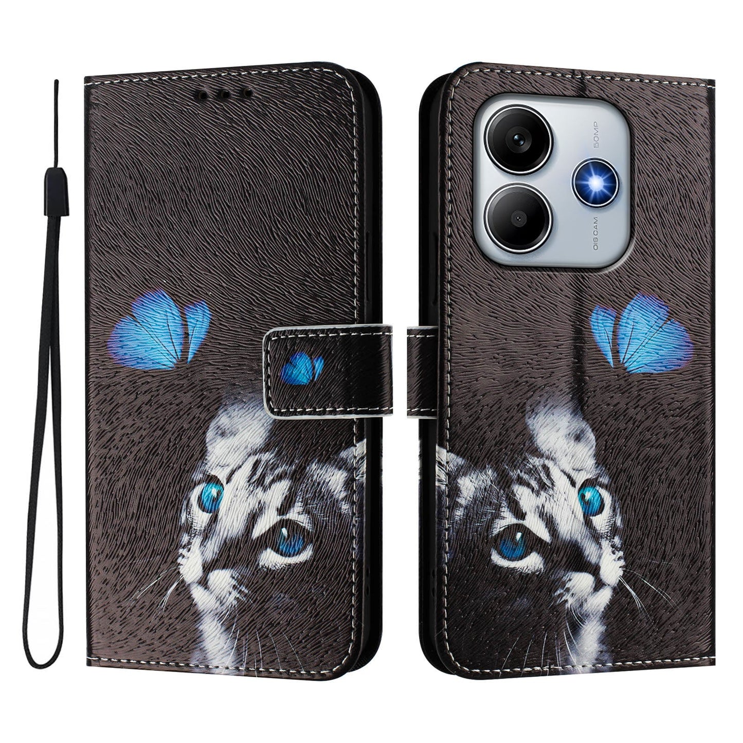 For Xiaomi Redmi Note 14 5G Case Pattern Printing Wallet Phone Cover with Strap - Butterfly and Cat