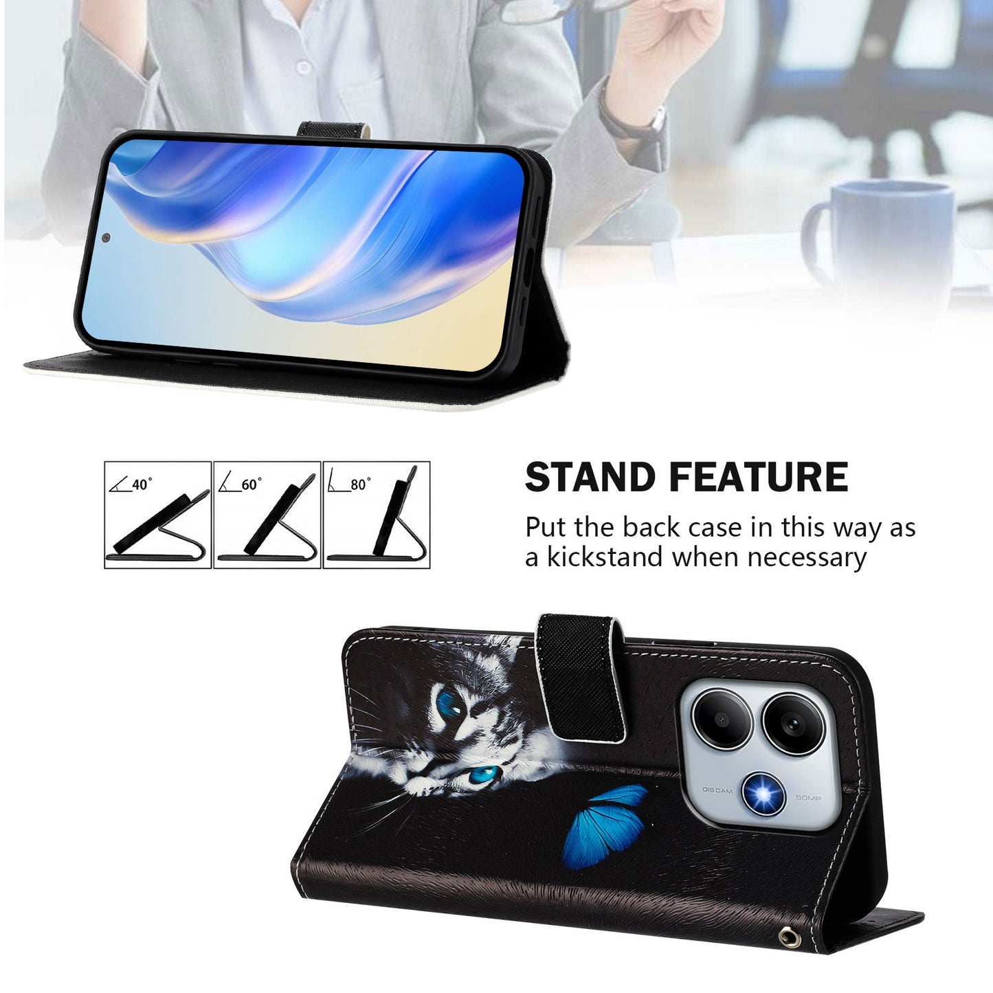 For Xiaomi Redmi Note 14 5G Case Pattern Printing Wallet Phone Cover with Strap - Butterfly and Cat