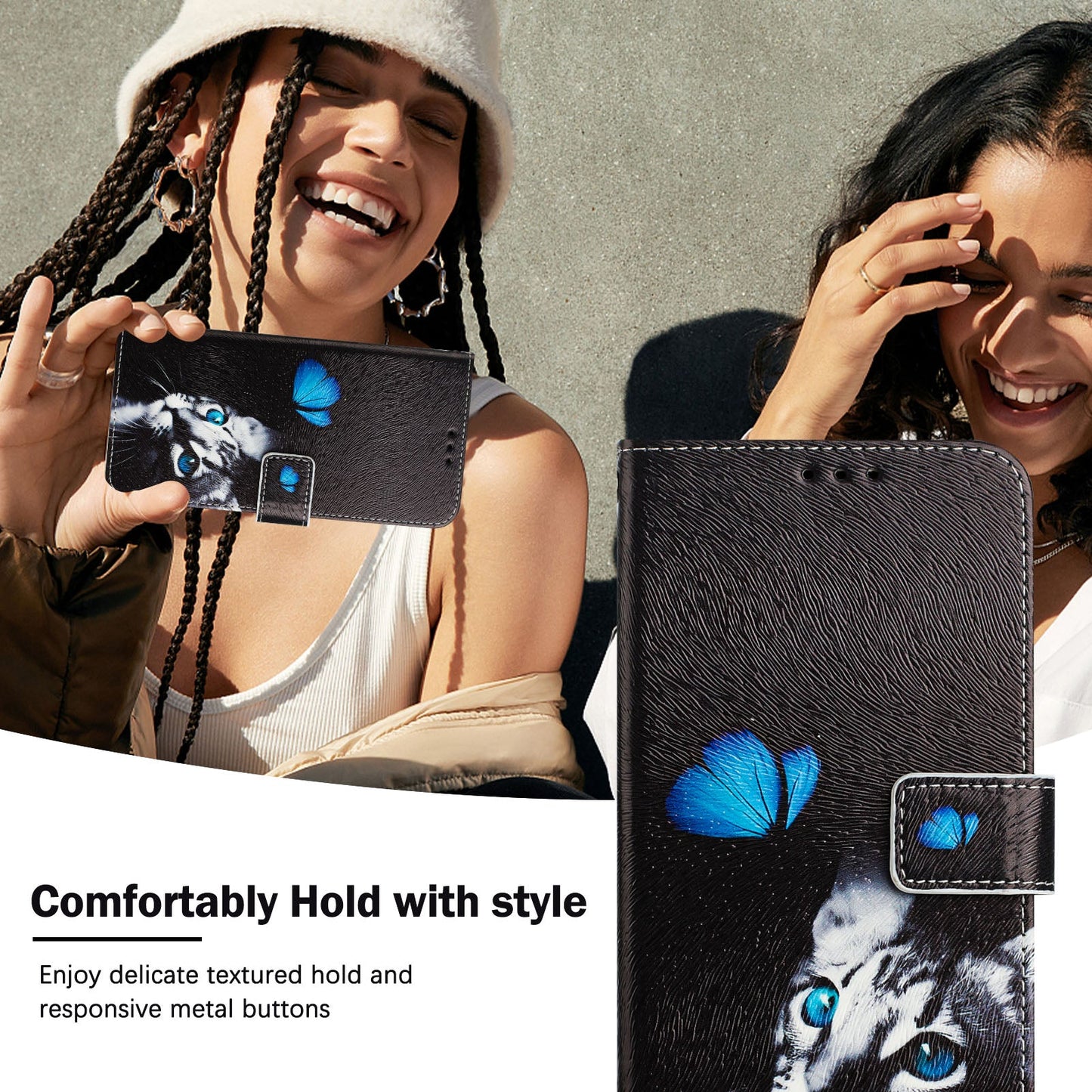 For Xiaomi Redmi Note 14 5G Case Pattern Printing Wallet Phone Cover with Strap - Butterfly and Cat