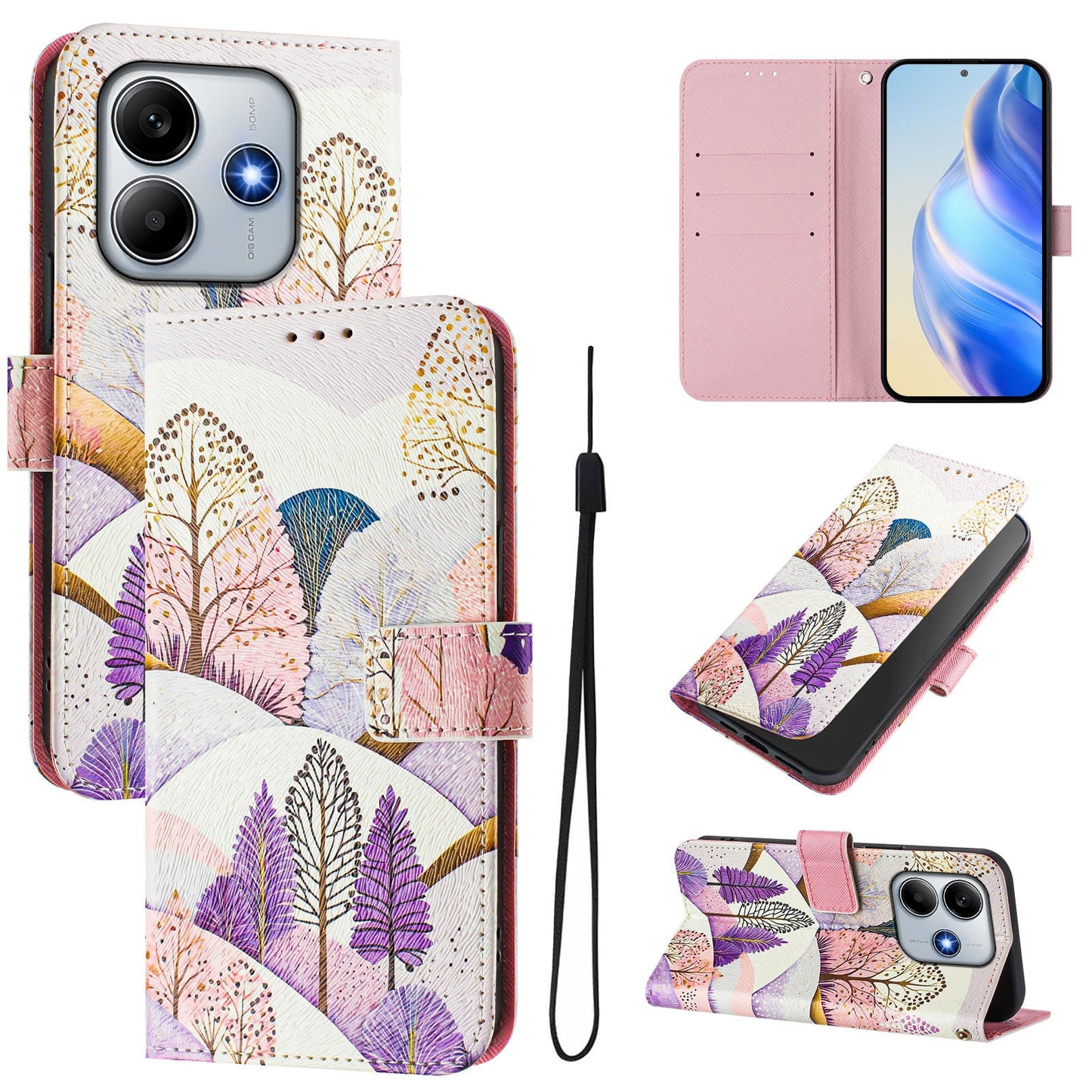 For Xiaomi Redmi Note 14 5G Case Pattern Printing Wallet Phone Cover with Strap - Tree