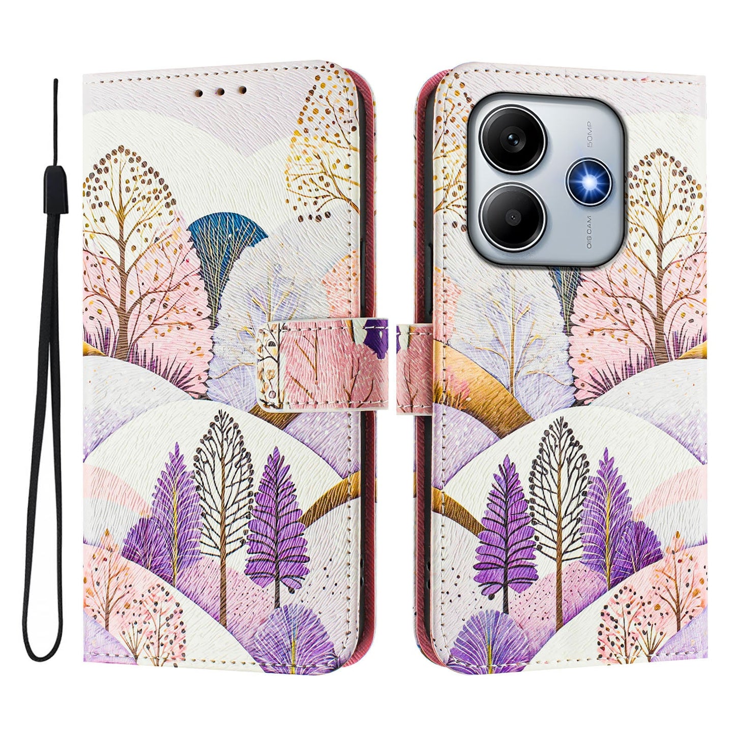 For Xiaomi Redmi Note 14 5G Case Pattern Printing Wallet Phone Cover with Strap - Tree