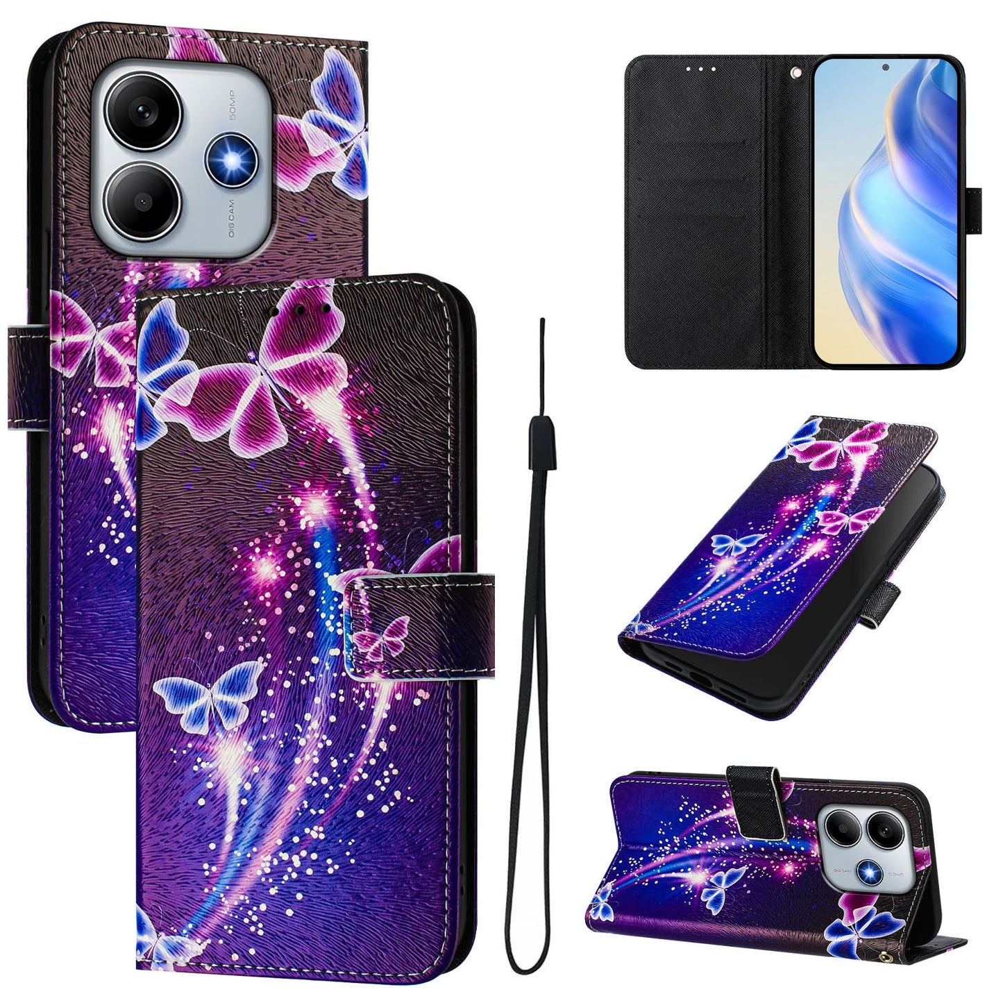For Xiaomi Redmi Note 14 5G Case Pattern Printing Wallet Phone Cover with Strap - Firework Butterfly