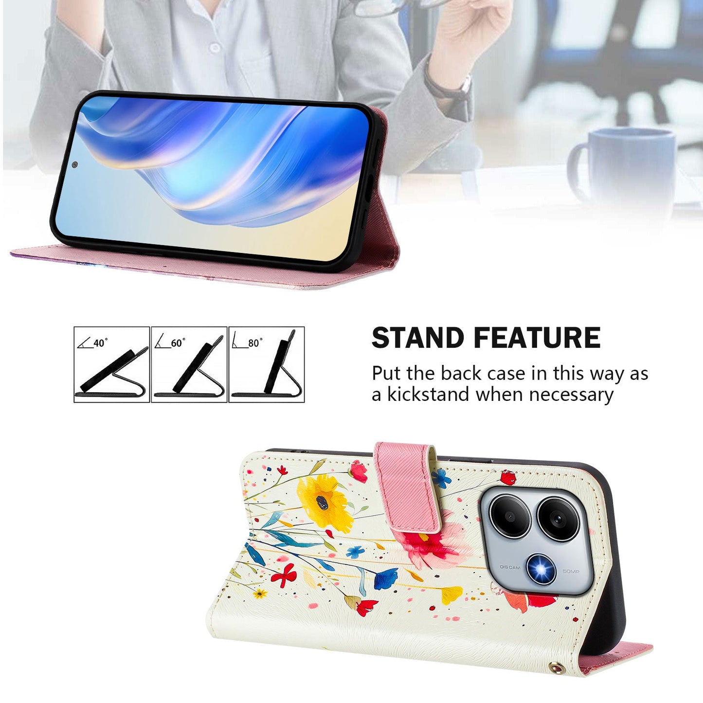 For Xiaomi Redmi Note 14 5G Case Pattern Printing Wallet Phone Cover with Strap - Flower