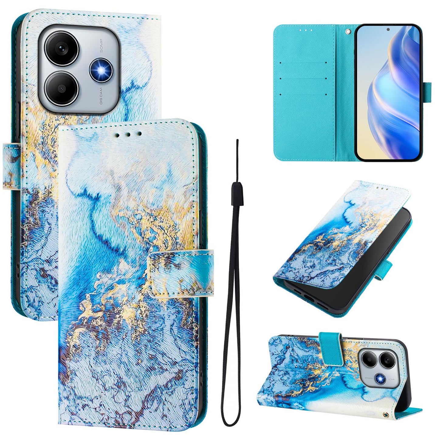 For Xiaomi Redmi Note 14 5G Case Pattern Printing Wallet Phone Cover with Strap - Ocean Marble