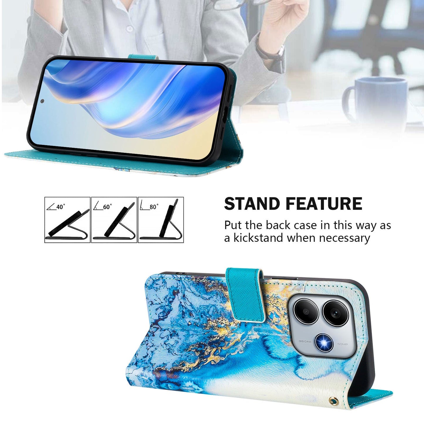 For Xiaomi Redmi Note 14 5G Case Pattern Printing Wallet Phone Cover with Strap - Ocean Marble