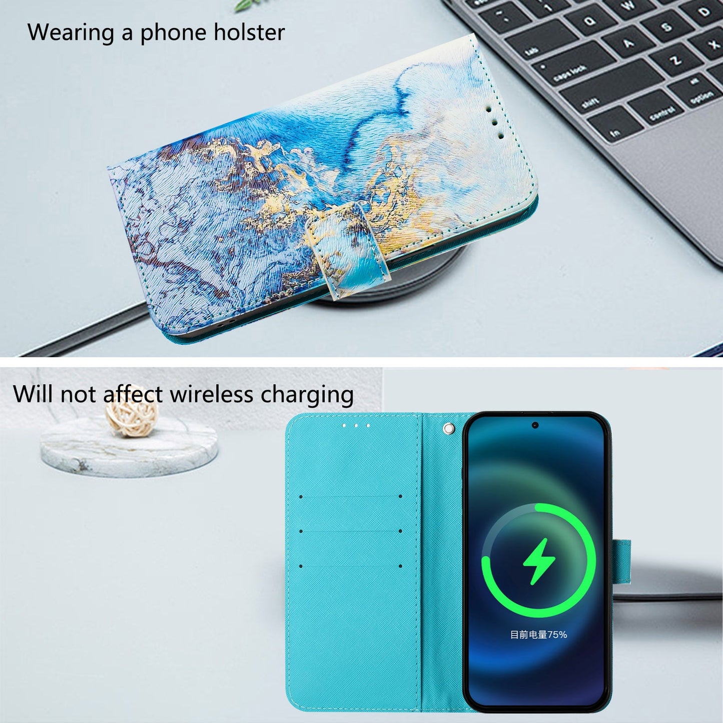 For Xiaomi Redmi Note 14 5G Case Pattern Printing Wallet Phone Cover with Strap - Ocean Marble