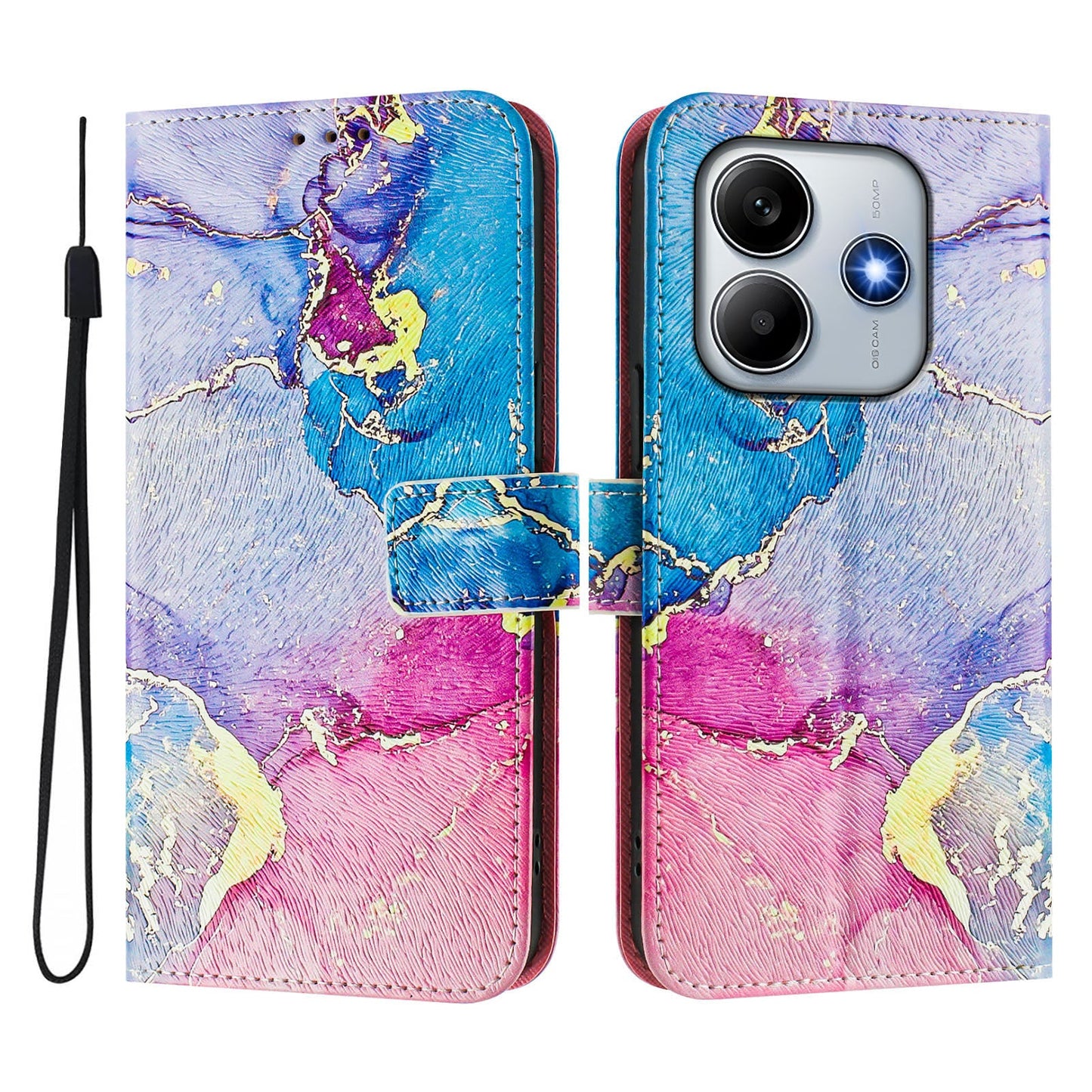 For Xiaomi Redmi Note 14 5G Case Pattern Printing Wallet Phone Cover with Strap - Multicolor Marble