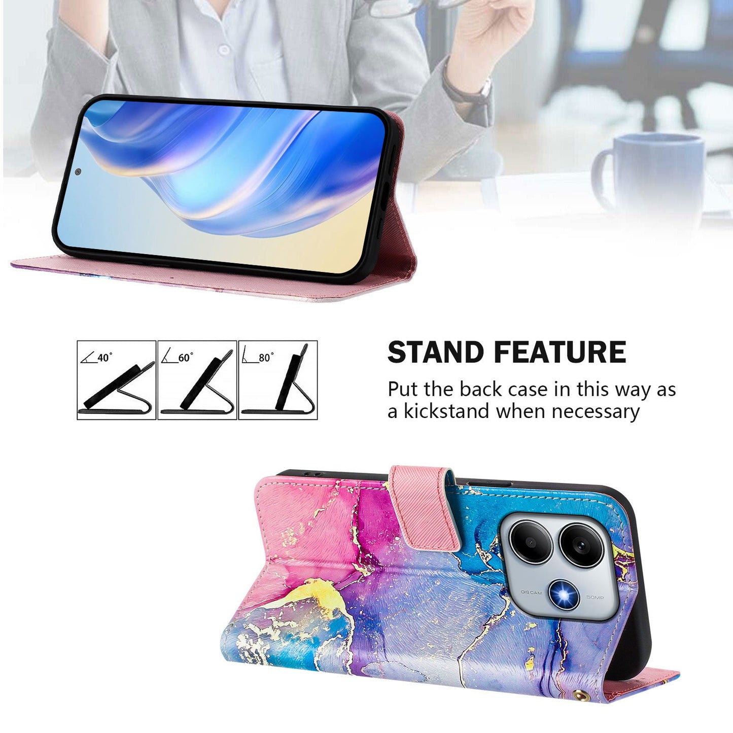 For Xiaomi Redmi Note 14 5G Case Pattern Printing Wallet Phone Cover with Strap - Multicolor Marble