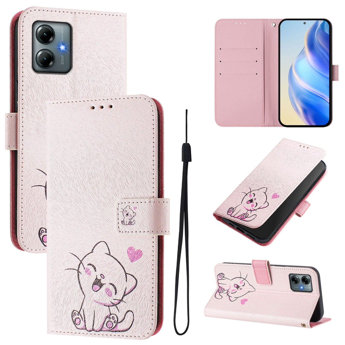 For Motorola Moto G Play (2025) 4G Case Pattern Printing Wallet Phone Cover with Strap - Cute Cat