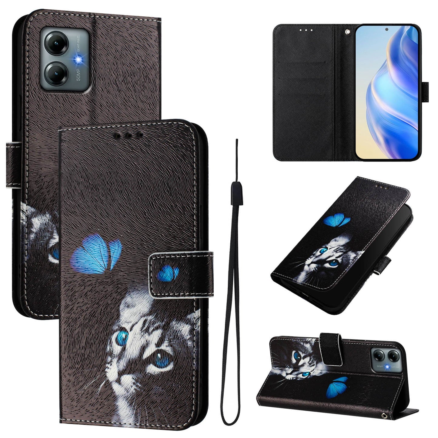 For Motorola Moto G Play (2025) 4G Case Pattern Printing Wallet Phone Cover with Strap - Butterfly and Cat