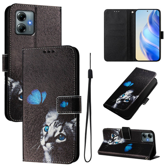 For Motorola Moto G Play (2025) 4G Case Pattern Printing Wallet Phone Cover with Strap - Butterfly and Cat