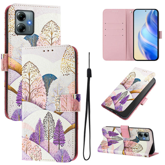 For Motorola Moto G Play (2025) 4G Case Pattern Printing Wallet Phone Cover with Strap - Tree