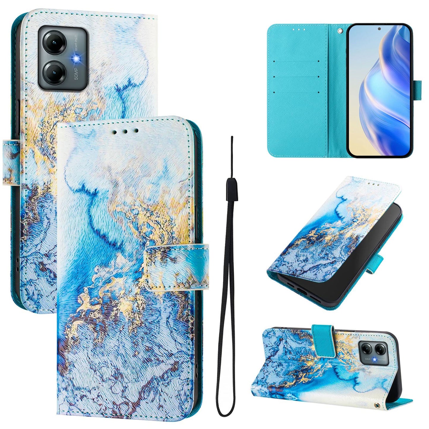 For Motorola Moto G Play (2025) 4G Case Pattern Printing Wallet Phone Cover with Strap - Ocean Marble