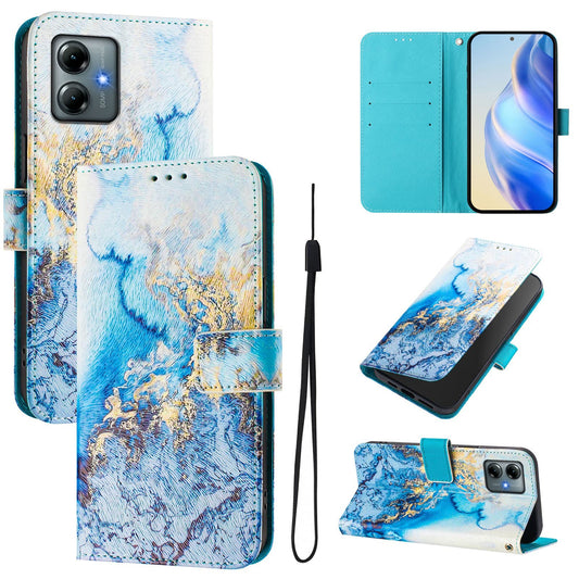 For Motorola Moto G Play (2025) 4G Case Pattern Printing Wallet Phone Cover with Strap - Ocean Marble