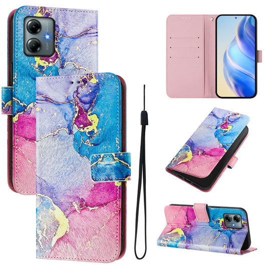 For Motorola Moto G Play (2025) 4G Case Pattern Printing Wallet Phone Cover with Strap - Multicolor Marble