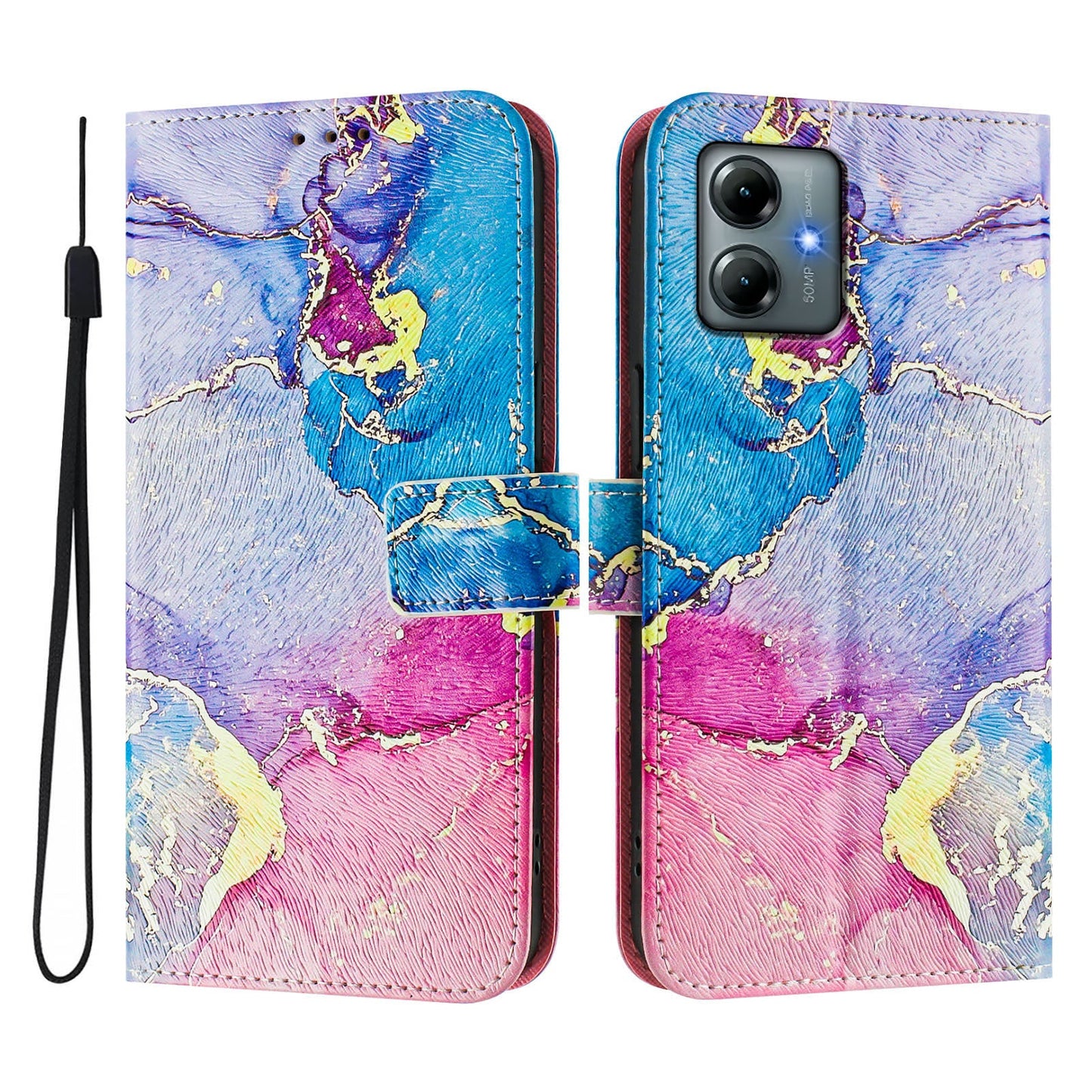 For Motorola Moto G Play (2025) 4G Case Pattern Printing Wallet Phone Cover with Strap - Multicolor Marble