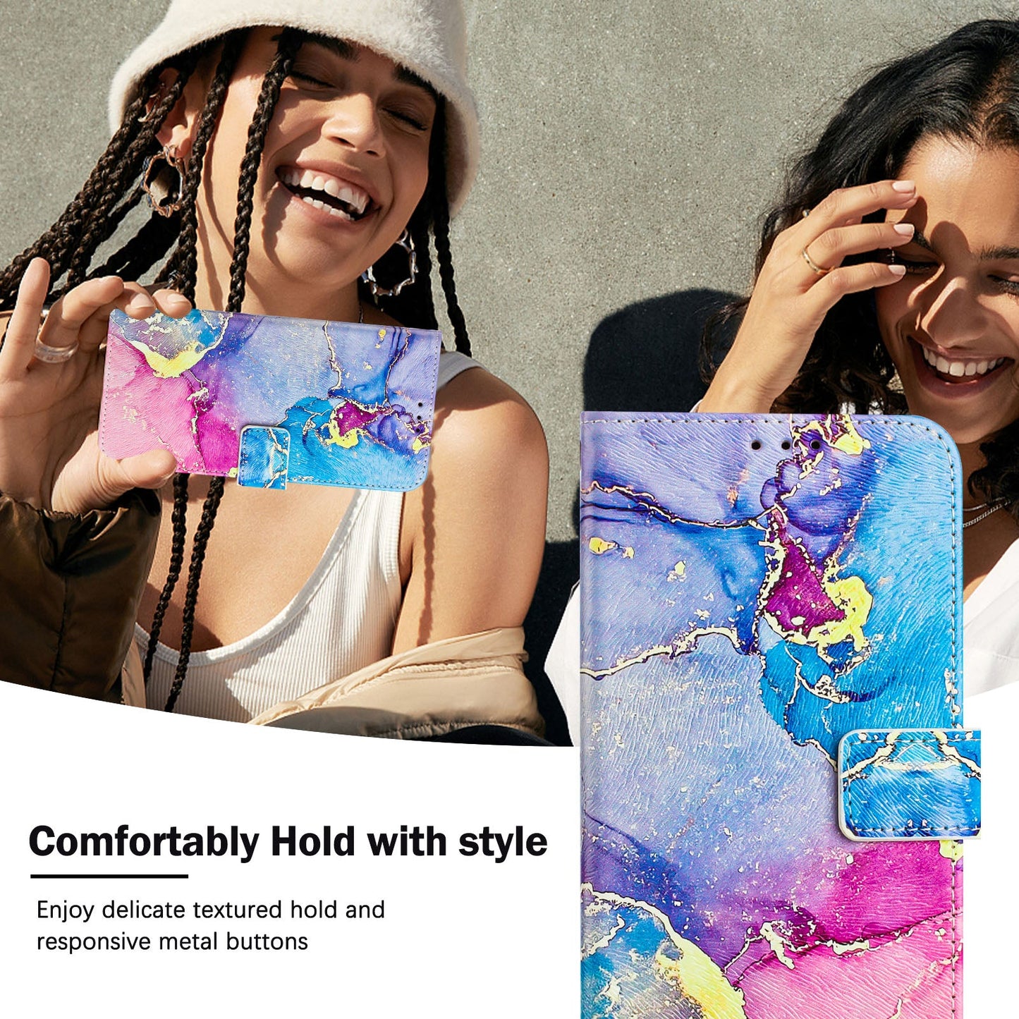 For Motorola Moto G Play (2025) 4G Case Pattern Printing Wallet Phone Cover with Strap - Multicolor Marble