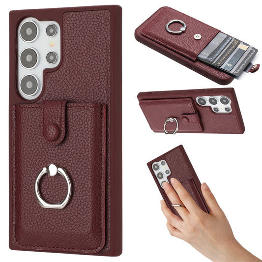 For Samsung Galaxy S25 Ultra Case with Ring Kickstand Drawing Type Card Slots Leather Back Cover - Wine Red