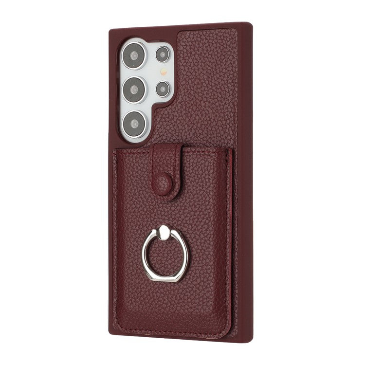 For Samsung Galaxy S25 Ultra Case with Ring Kickstand Drawing Type Card Slots Leather Back Cover - Wine Red