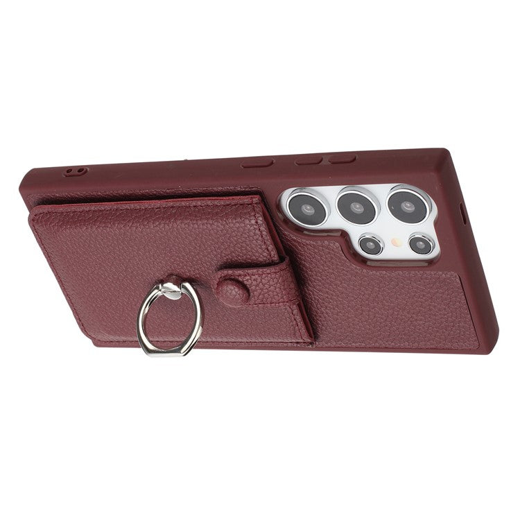 For Samsung Galaxy S25 Ultra Case with Ring Kickstand Drawing Type Card Slots Leather Back Cover - Wine Red