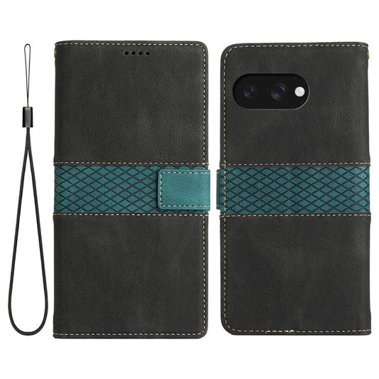 For Google Pixel 9a Leather Case Grid Splicing Stand Wallet Phone Cover - Black