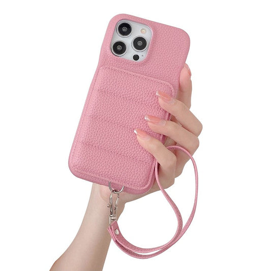 For iPhone 16 Pro Case Card Slots Kickstand PU Leather + PET Phone Cover with Wrist Strap - Pink