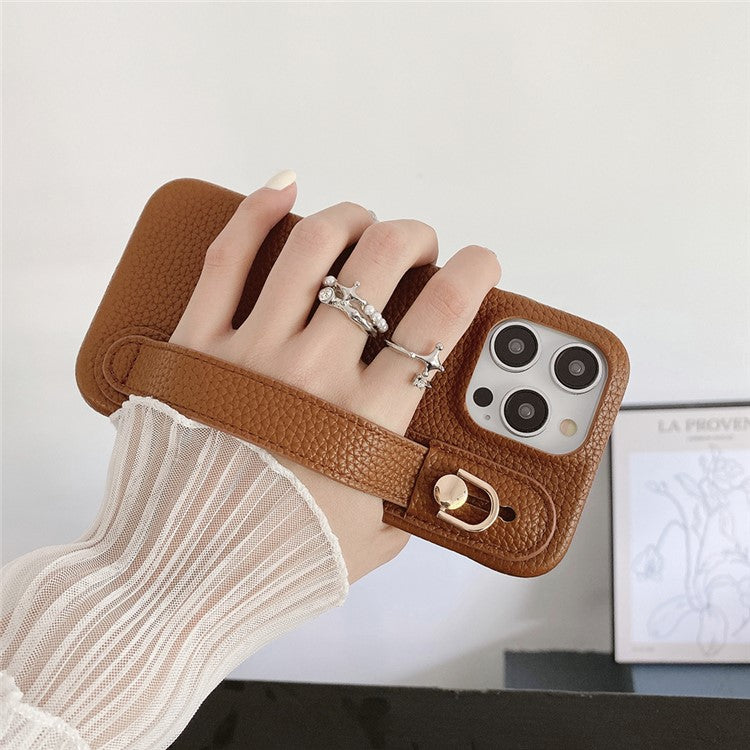 For iPhone 16 Pro Case Wristband Kickstand PU Leather + PET Phone Cover - Dark Brown
