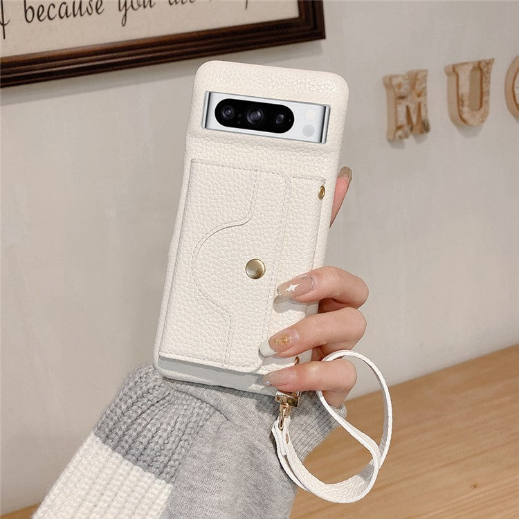 For Google Pixel 8 Pro Case Mirror Design PU Leather Back Cover with Card Slots, Wrist Strap - White