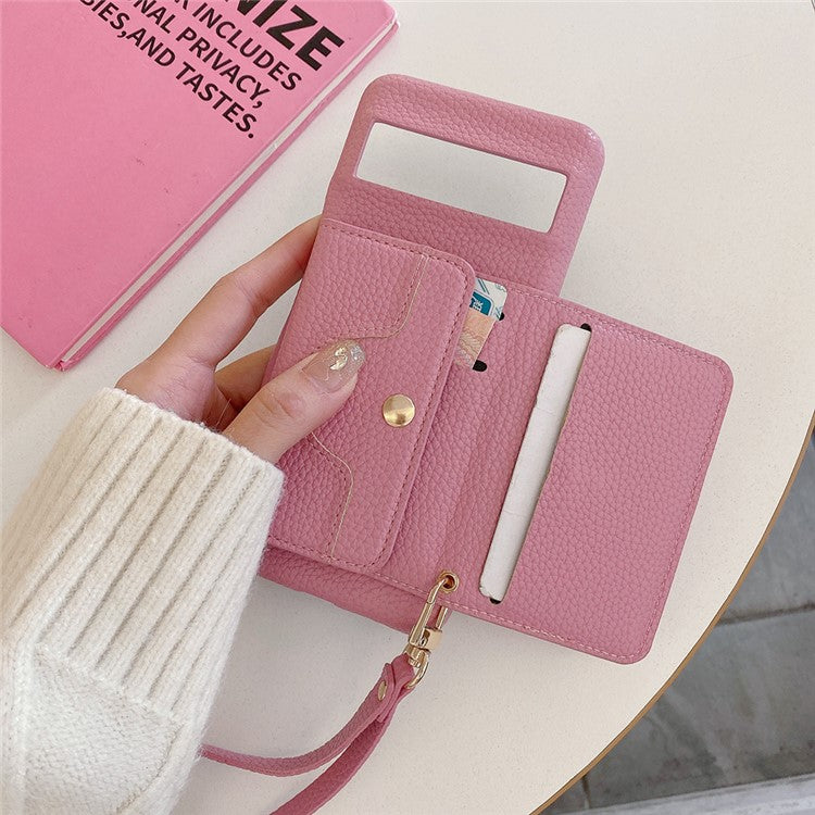 For Google Pixel 8 Pro Case Mirror Design PU Leather Back Cover with Card Slots, Wrist Strap - Pink