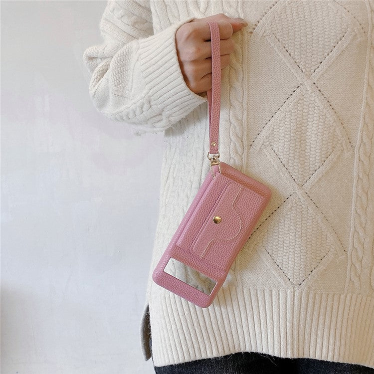 For Google Pixel 8 Pro Case Mirror Design PU Leather Back Cover with Card Slots, Wrist Strap - Pink