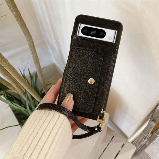 For Google Pixel 8 Pro Case Mirror Design PU Leather Back Cover with Card Slots, Wrist Strap - Black