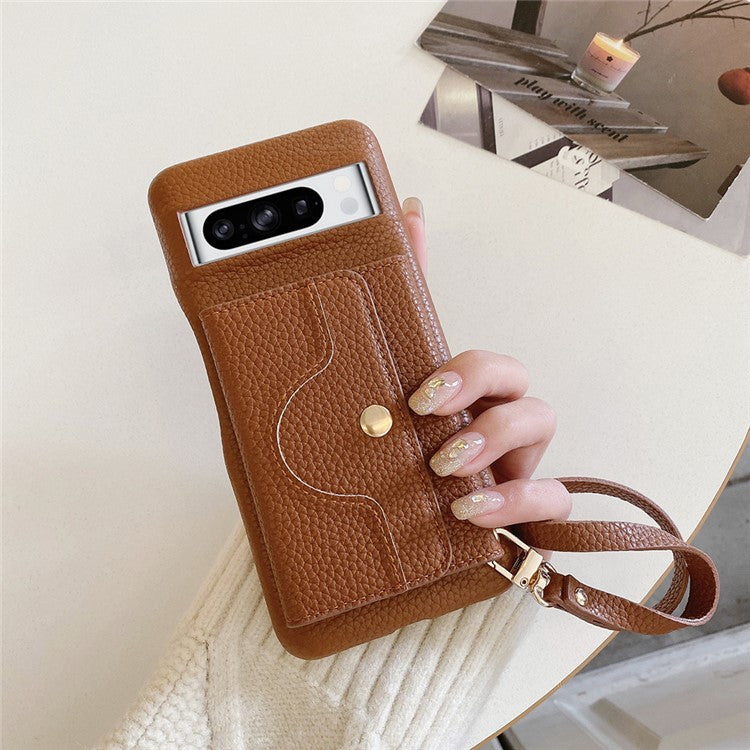 For Google Pixel 8 Pro Case Mirror Design PU Leather Back Cover with Card Slots, Wrist Strap - Dark Brown