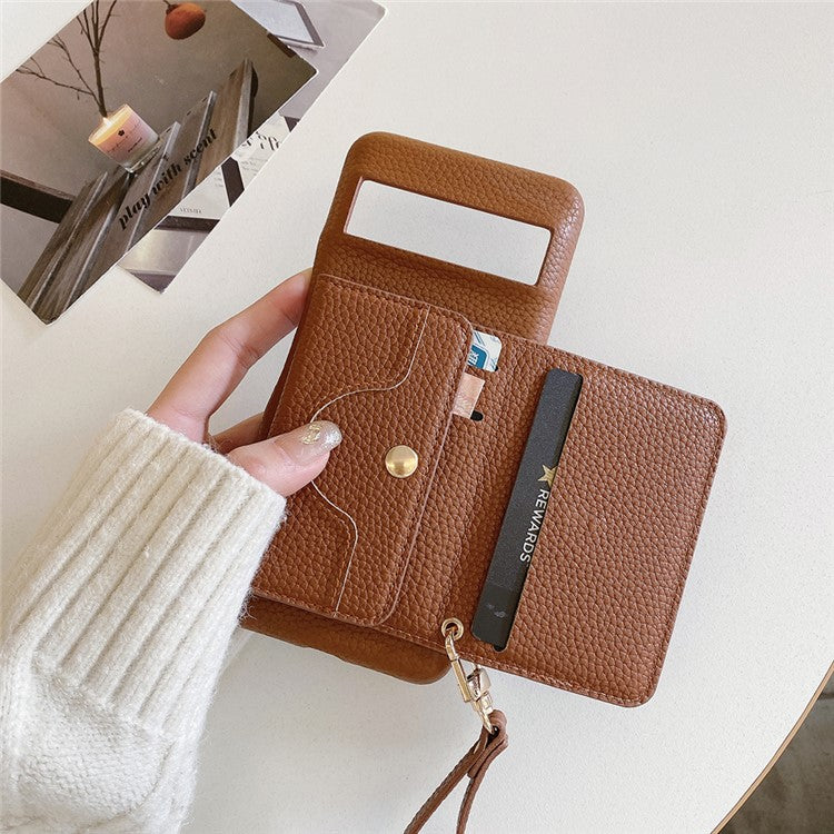 For Google Pixel 8 Pro Case Mirror Design PU Leather Back Cover with Card Slots, Wrist Strap - Dark Brown
