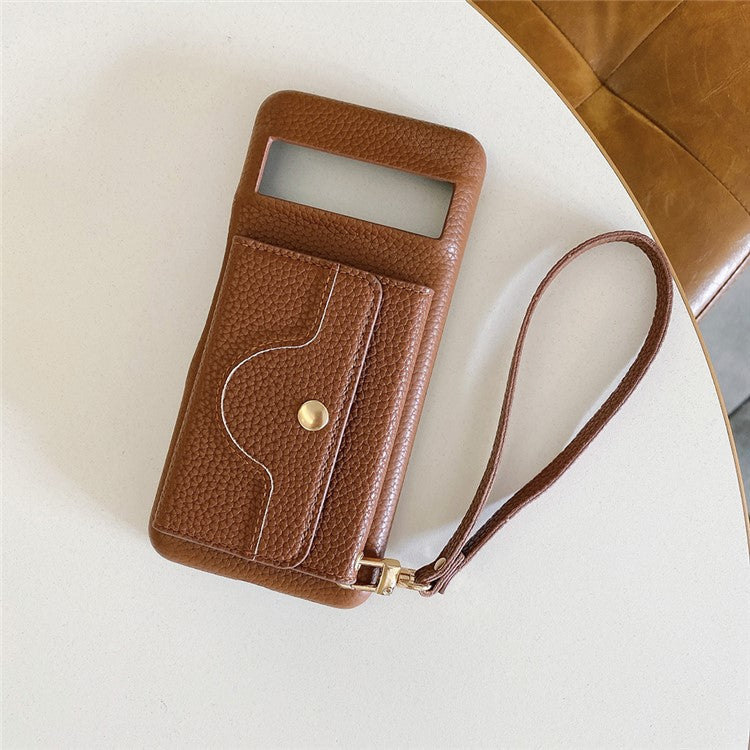For Google Pixel 8 Pro Case Mirror Design PU Leather Back Cover with Card Slots, Wrist Strap - Dark Brown