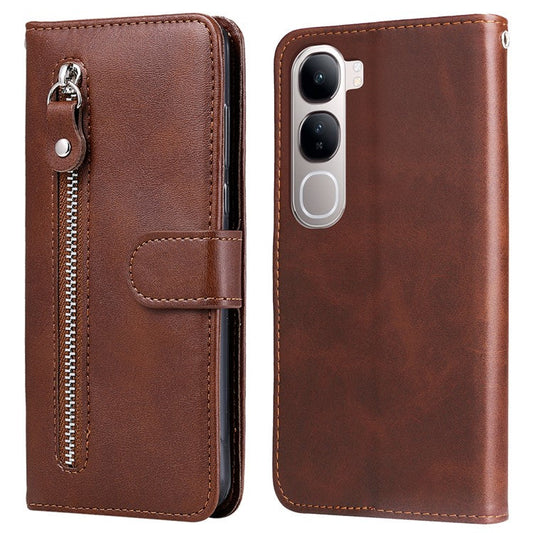 Zipper Wallet Case for vivo Y300 5G / Y200 5G / V40 Lite (Indonesia) 5G / 4G Calf Texture Leather Phone Cover - Brown