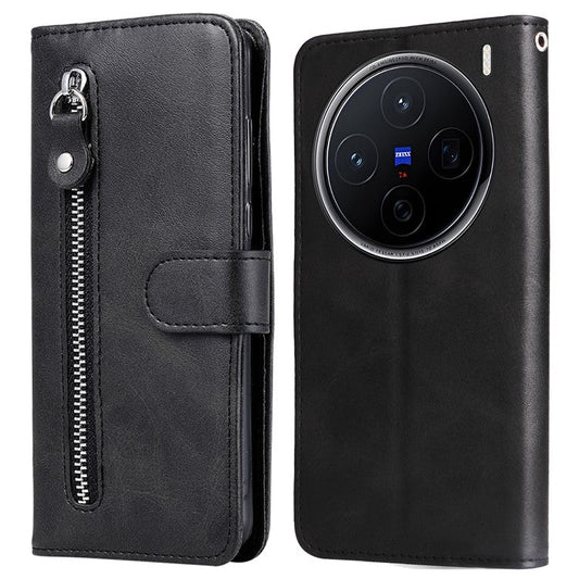 For vivo X200 5G Case Zipper Wallet Calf Texture PU Leather Phone Cover - Black