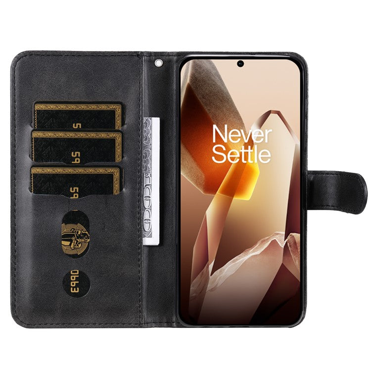 For OnePlus 13 Case Zipper Wallet Calf Texture PU Leather Phone Cover - Black