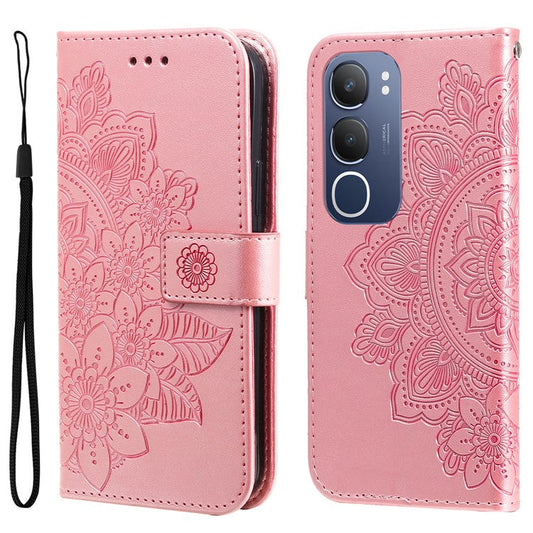 For vivo Y19s 4G Case PU Leather Wallet Floral Phone Cover Stand View - Pink