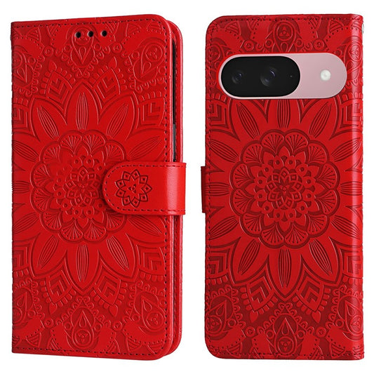 For Google Pixel 9a Case Sunflower Imprint Leather Wallet Phone Cover - Red