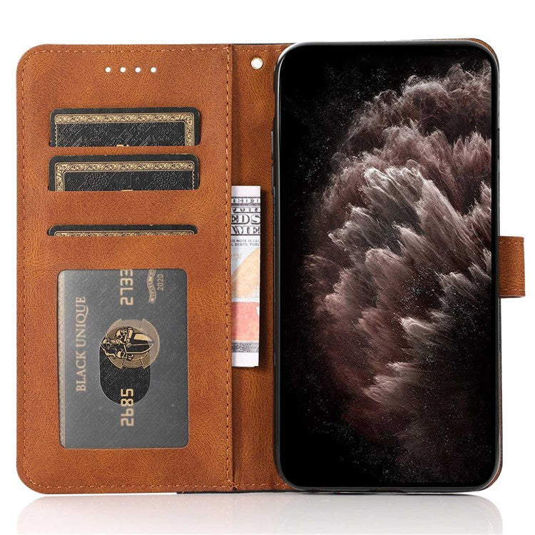 For Samsung Galaxy A26 5G Cover Color Splicing Wallet Stand Leather Phone Case with Wrist Strap - Black Brown