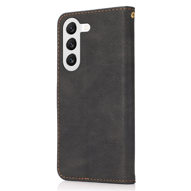 For Samsung Galaxy A26 5G Cover Color Splicing Wallet Stand Leather Phone Case with Wrist Strap - Black Brown
