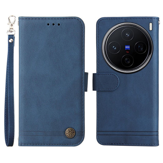 For vivo X200 5G Wallet Case Skin Touch Leather Phone Cover Tree Pattern Hardware - Blue