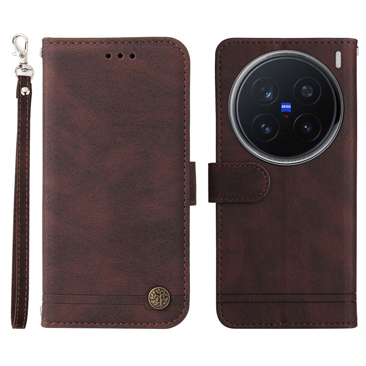 For vivo X200 Pro 5G Wallet Case Skin Touch Leather Phone Cover Tree Pattern Hardware - Brown