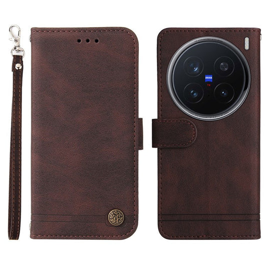 For vivo X200 Pro 5G Wallet Case Skin Touch Leather Phone Cover Tree Pattern Hardware - Brown