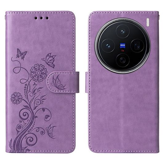 For vivo X200 5G Leather Case Butterfly Floral Imprint Wallet Stand Cover - Purple