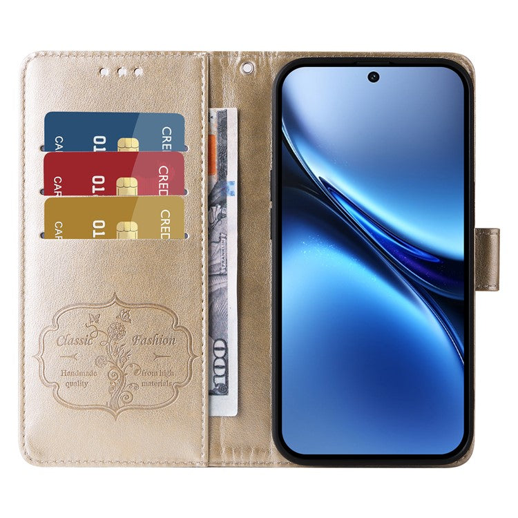 For vivo X200 5G Leather Case Butterfly Floral Imprint Wallet Stand Cover - Gold