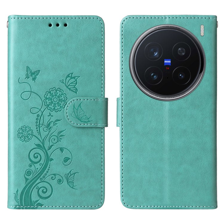 For vivo X200 Pro 5G Leather Case Butterfly Floral Imprint Wallet Stand Cover - Green